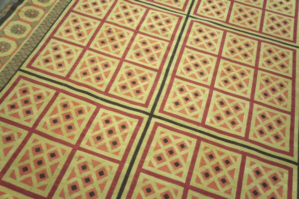 Contemporary handwoven wool needlepoint rug â€” beige ground, decorative square pattern - detail view 5