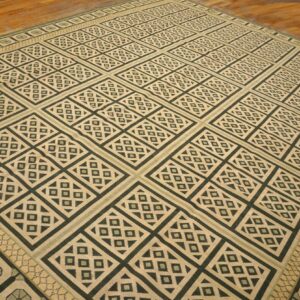 Contemporary Handwoven Wool Needlepoint Rug â€” Beige Ground, Diamond Pattern - detail view 11