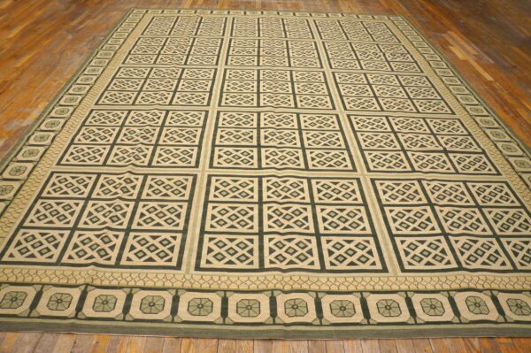 Contemporary handwoven wool needlepoint rug â€” beige ground, diamond pattern - detail view 8