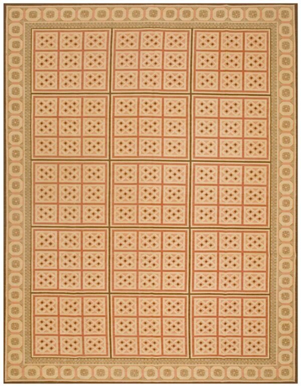 Contemporary handwoven wool needlepoint rug — beige ground, geometric pattern