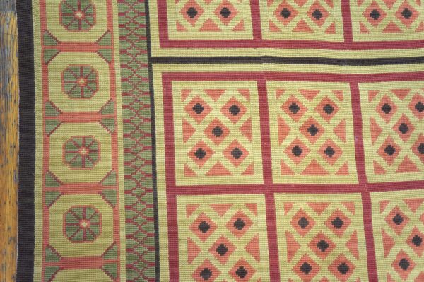 Contemporary handwoven wool needlepoint rug — beige ground, geometric pattern - detail view 4