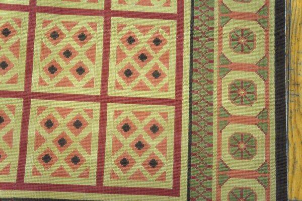 Contemporary handwoven wool needlepoint rug — beige ground, geometric pattern - detail view 6