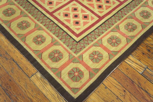 Contemporary handwoven wool needlepoint rug — beige ground, geometric pattern - detail view 7