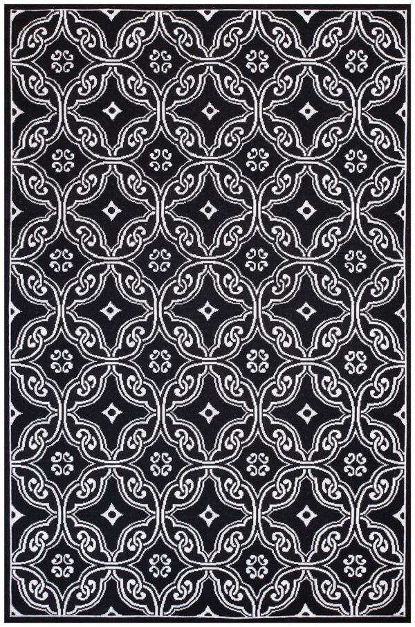 Contemporary handwoven wool needlepoint rug — black geometric pattern