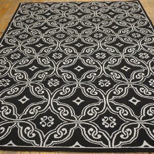 Contemporary Handwoven Wool Needlepoint Rug — Black Geometric Pattern - detail view 1