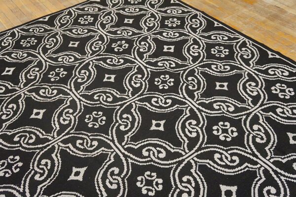 Contemporary handwoven wool needlepoint rug — black geometric pattern - detail view 4