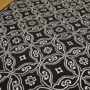 Contemporary Handwoven Wool Needlepoint Rug — Black Geometric Pattern - detail view 5