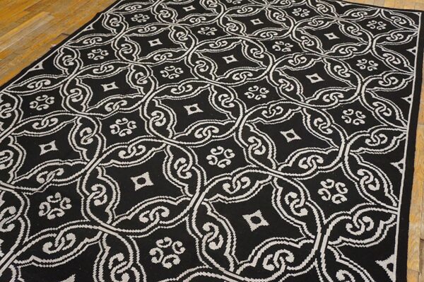 Contemporary handwoven wool needlepoint rug — black geometric pattern - detail view 5
