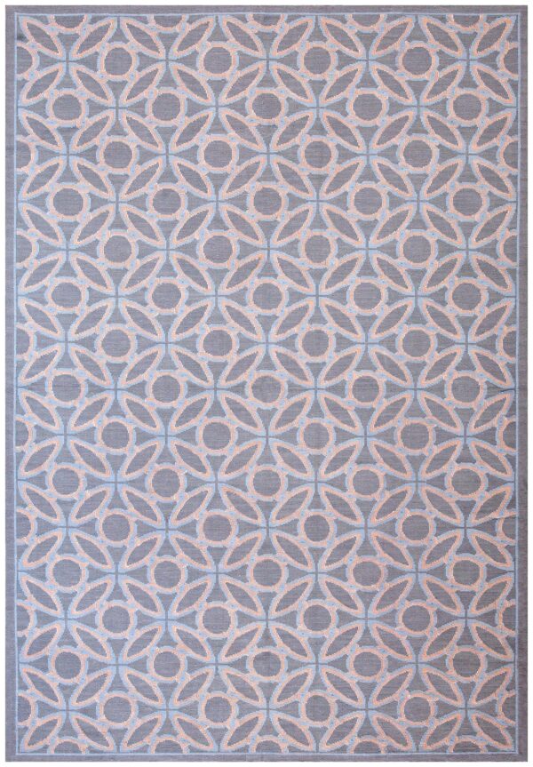Contemporary handwoven wool needlepoint rug — blue & orange circles geometric