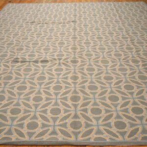 Contemporary Handwoven Wool Needlepoint Rug — Blue & Orange Circles Geometric - detail view 1