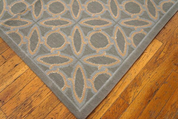 Contemporary handwoven wool needlepoint rug — blue & orange circles geometric - detail view 6