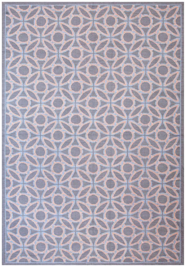 Contemporary handwoven wool needlepoint rug — blue & orange circles geometric, 9'×12'