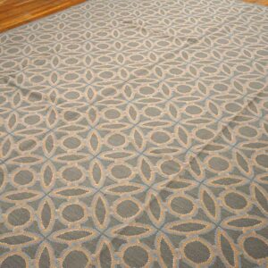 Contemporary Handwoven Wool Needlepoint Rug — Blue & Orange Circles Geometric, 9'×12' - detail view 2
