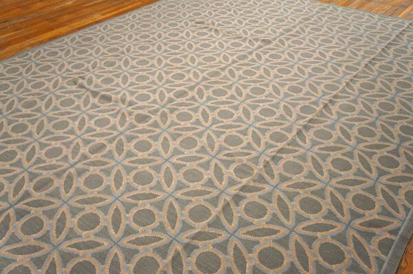 Contemporary handwoven wool needlepoint rug — blue & orange circles geometric, 9'×12' - detail view 2