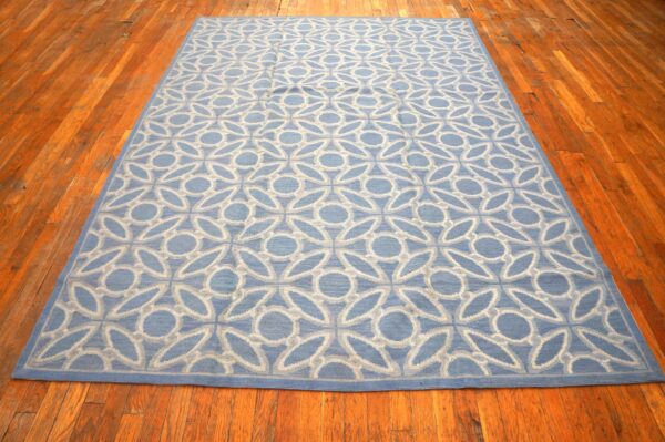 Contemporary handwoven wool needlepoint rug, blue and white - detail view 1