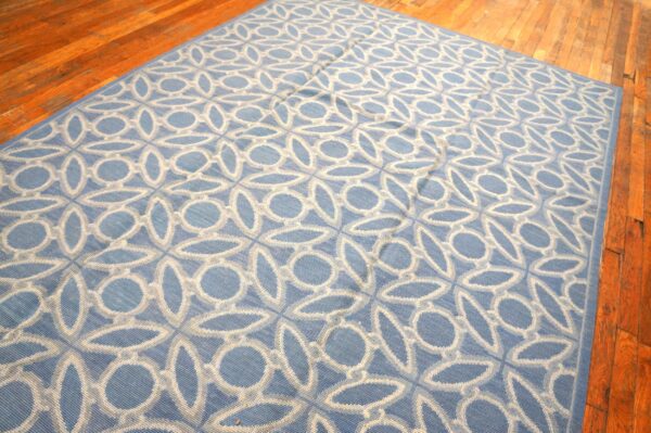 Contemporary handwoven wool needlepoint rug, blue and white - detail view 2