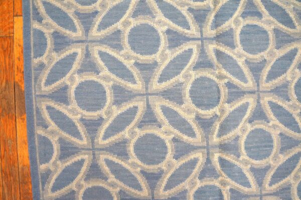 Contemporary handwoven wool needlepoint rug, blue and white - detail view 4