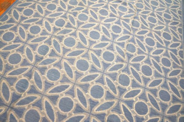 Contemporary handwoven wool needlepoint rug, blue and white - detail view 6