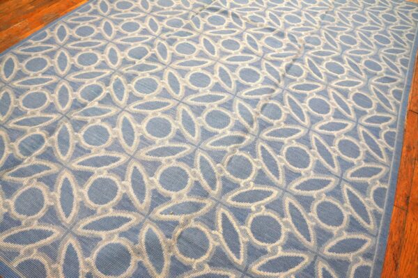Contemporary handwoven wool needlepoint rug, blue and white - detail view 7