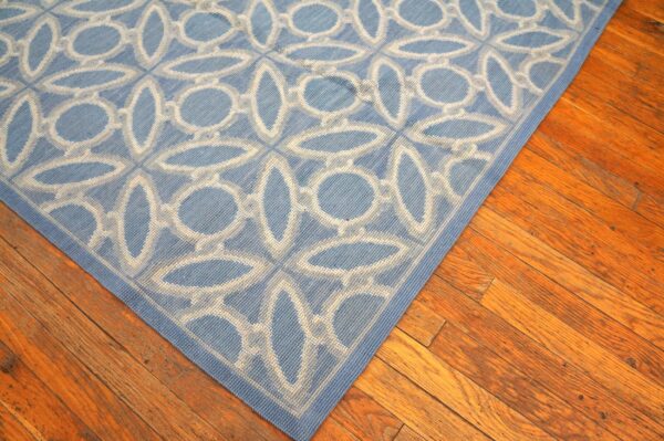 Contemporary handwoven wool needlepoint rug, blue and white - detail view 8