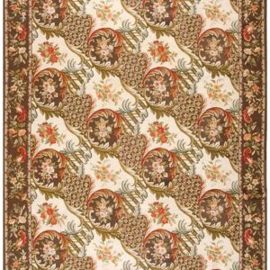 Contemporary Handwoven Wool Needlepoint Rug â€” Brown Ground, Traditional Garden Design