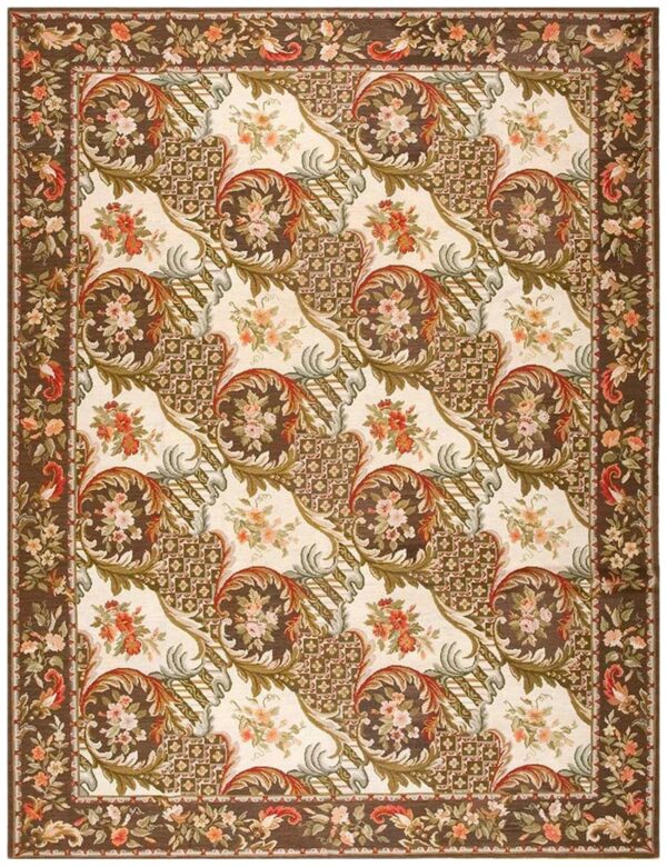 Contemporary handwoven wool needlepoint rug â€” brown ground, traditional garden design