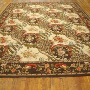 Contemporary Handwoven Wool Needlepoint Rug â€” Brown Ground, Traditional Garden Design - detail view 1