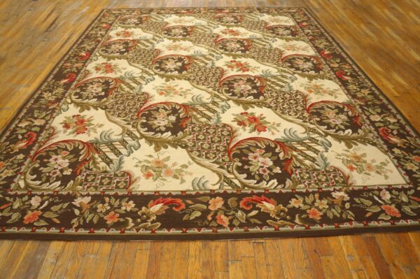 Contemporary handwoven wool needlepoint rug â€” brown ground, traditional garden design - detail view 1