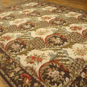 Contemporary Handwoven Wool Needlepoint Rug â€” Brown Ground, Traditional Garden Design - detail view 2