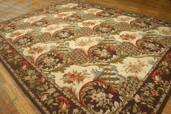 Contemporary handwoven wool needlepoint rug â€” brown ground, traditional garden design - detail view 2