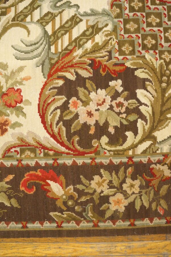 Contemporary handwoven wool needlepoint rug â€” brown ground, traditional garden design - detail view 3