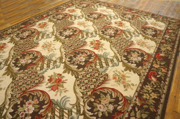 Contemporary handwoven wool needlepoint rug â€” brown ground, traditional garden design - detail view 4