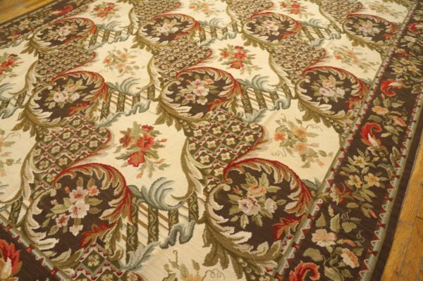 Contemporary handwoven wool needlepoint rug â€” brown ground, traditional garden design - detail view 5