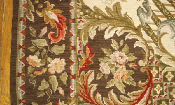 Contemporary handwoven wool needlepoint rug â€” brown ground, traditional garden design - detail view 6