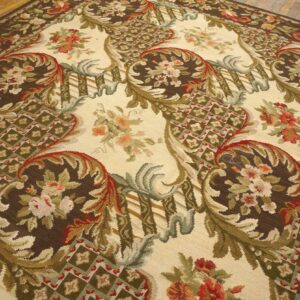 Contemporary Handwoven Wool Needlepoint Rug â€” Brown Ground, Traditional Garden Design - detail view 7