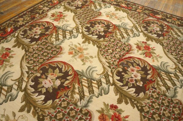 Contemporary handwoven wool needlepoint rug â€” brown ground, traditional garden design - detail view 7