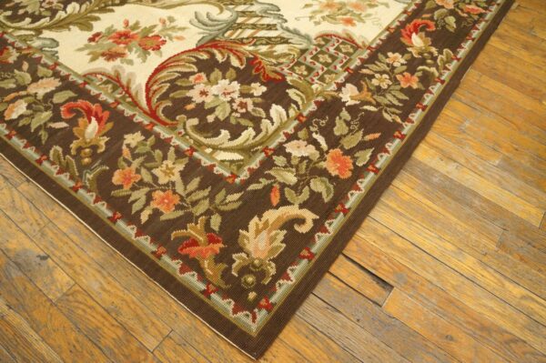 Contemporary handwoven wool needlepoint rug â€” brown ground, traditional garden design - detail view 8
