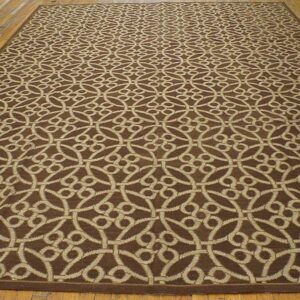 Contemporary Handwoven Wool Needlepoint Rug — Brown & Ivory Cross-Circles - detail view 1