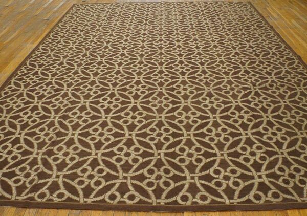 Contemporary handwoven wool needlepoint rug — brown & ivory cross-circles - detail view 1