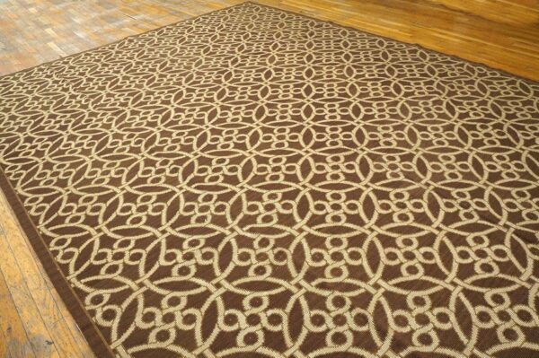 Contemporary handwoven wool needlepoint rug — brown & ivory cross-circles - detail view 2