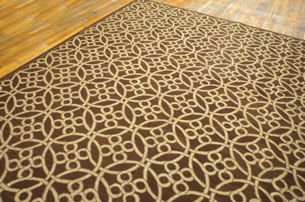 Contemporary handwoven wool needlepoint rug — brown & ivory cross-circles - detail view 3