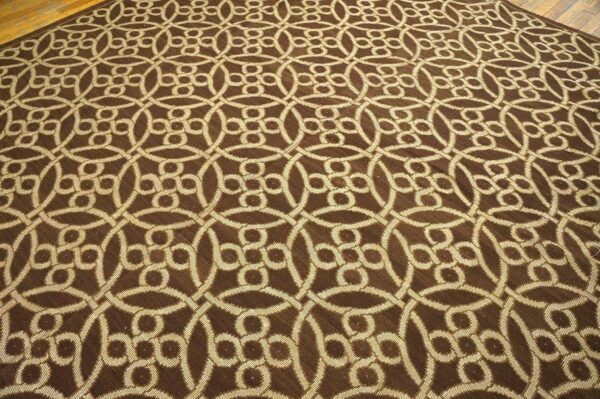 Contemporary handwoven wool needlepoint rug — brown & ivory cross-circles - detail view 6