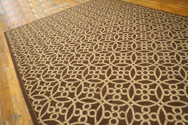 Contemporary handwoven wool needlepoint rug — brown & ivory cross-circles - detail view 8