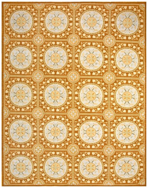 Contemporary handwoven wool needlepoint rug, brown with silk highlights