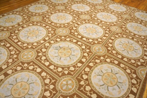 Contemporary handwoven wool needlepoint rug, brown with silk highlights - detail view 3