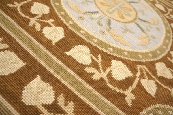 Contemporary handwoven wool needlepoint rug, brown with silk highlights - detail view 5