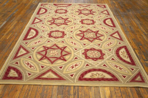 Contemporary handwoven wool needlepoint rug â€” colorful geometric composition - detail view 1