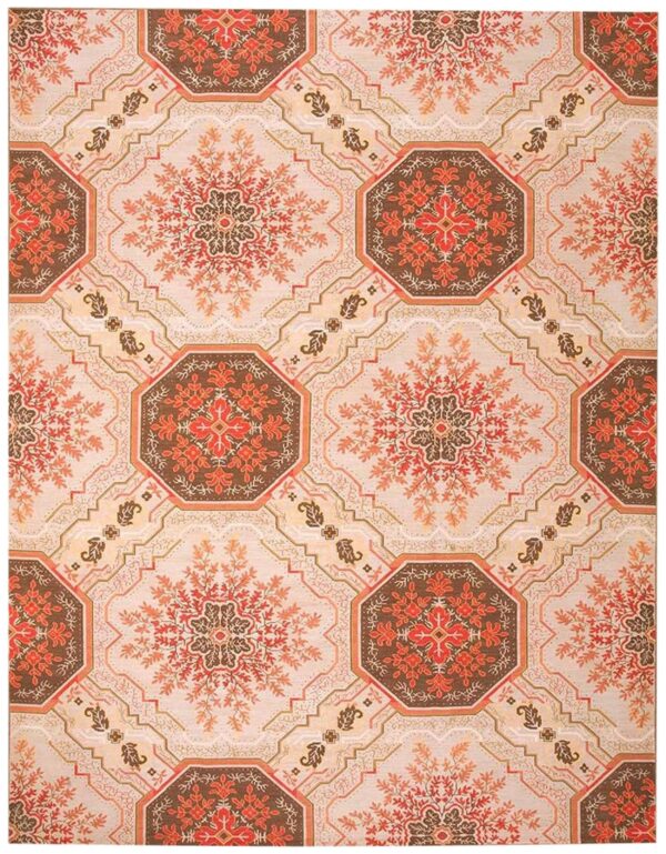 Contemporary handwoven wool needlepoint rug â€” floral-medallion composition