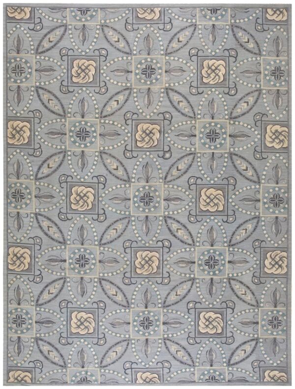 Contemporary handwoven wool needlepoint rug â€” gray ground, geometric pattern