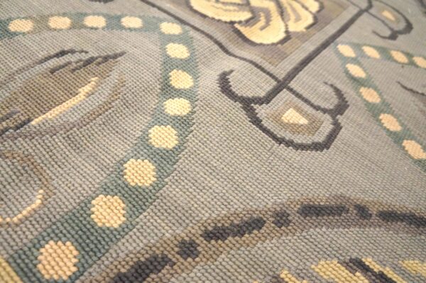 Contemporary handwoven wool needlepoint rug â€” gray ground, geometric pattern - detail view 9